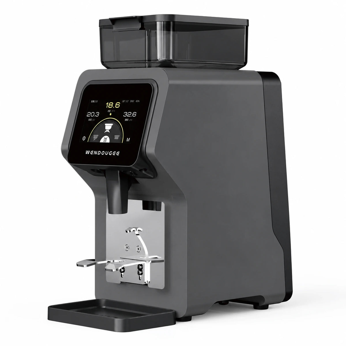 A Wendougee RKone coffee grinder electric coffee grinder in dark gray and black, featuring a digital touch screen display, a silver metal blade assembly, and a black bean hopper on a white background.