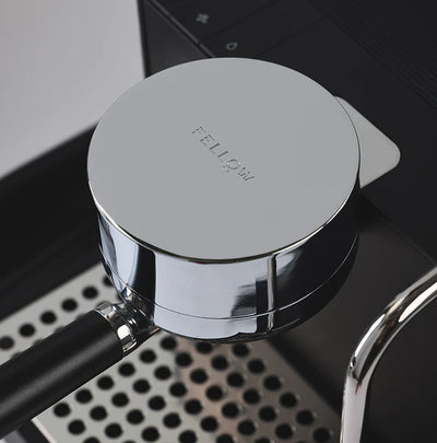 Fellow Espresso series 1 portafilter close-up showing sleek design and branding, highlighting high-precision espresso brewing.