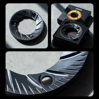 64mm flat burrs from LeBrew showcased with detailed views and packaging, enhancing brewing experience and performance.