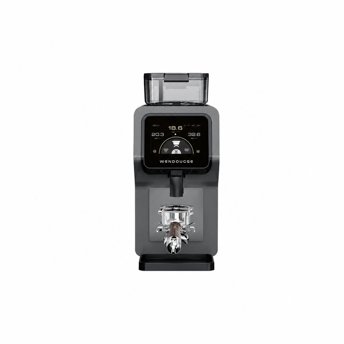 A Wendougee RKone coffee grinder in dark gray and black, featuring a digital display screen and a metal portafilter holder, shown against a plain white background.